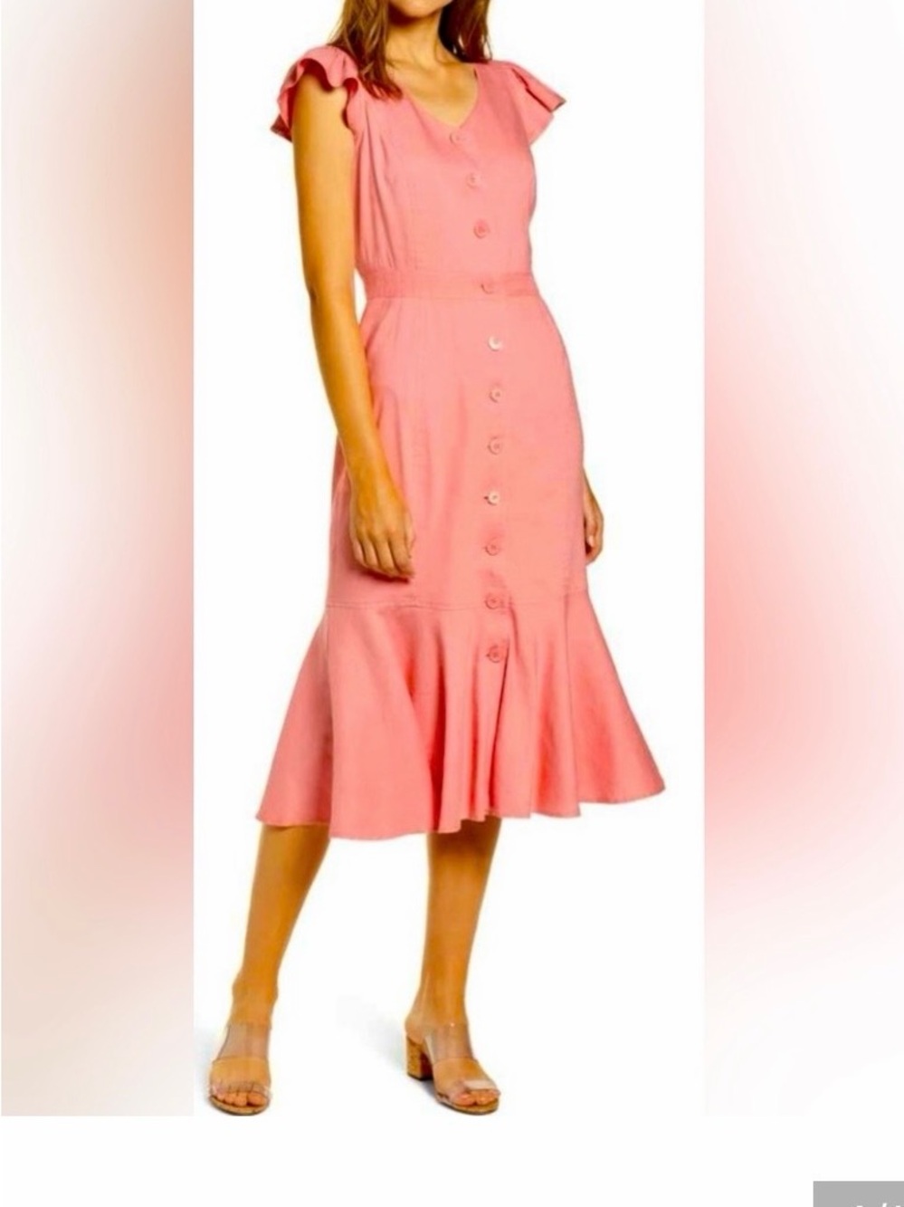 Rachel Parcell Coral Pink Button-Front Midi Dress with Ruffle Hem